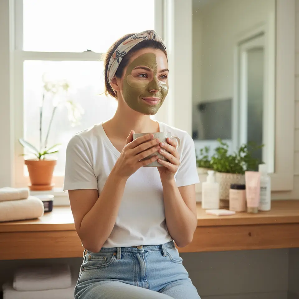 Customizable Treatment for Every Concern: A frontal view of a face divided into distinct zones, each covered with a different mask type—clay on the T-zone, hydrogel under the eyes, cream mask on the cheeks and a brightening gel on the forehead—highlighting multi-masking for targeted fine lines, hyperpigmentation, hydration, and blemish control.