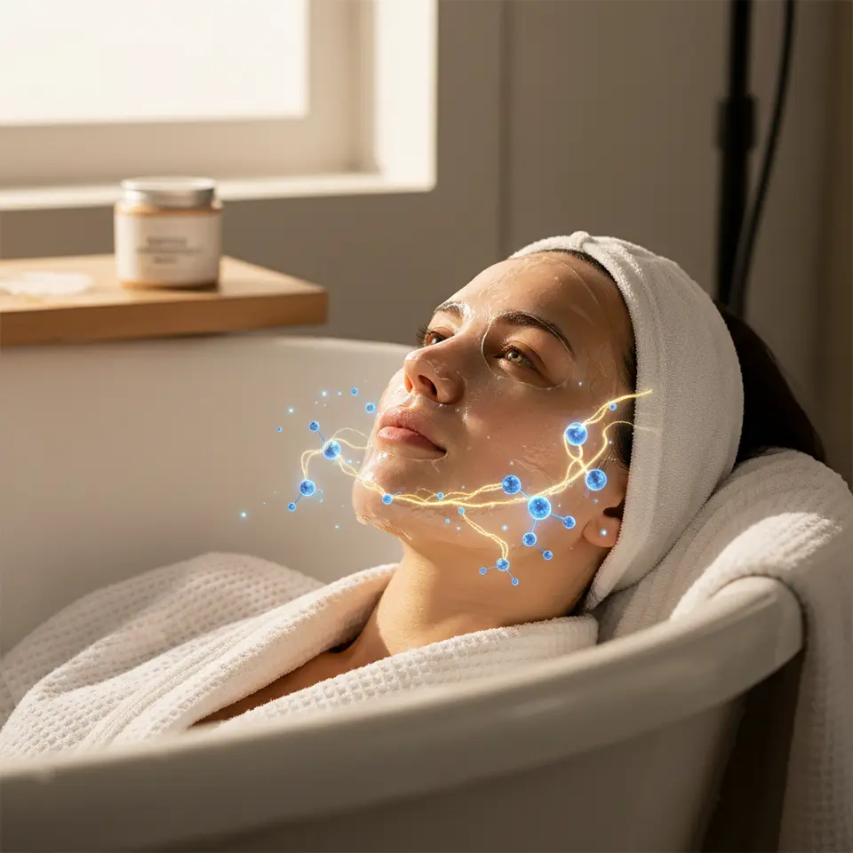 Peptide-Loaded Hydrogels: A close-up portrait of a translucent hydrogel mask conforming perfectly to facial contours, with stylized glowing peptide molecules and collagen strands visible beneath the surface, illustrating deep adherence and bioactive delivery.