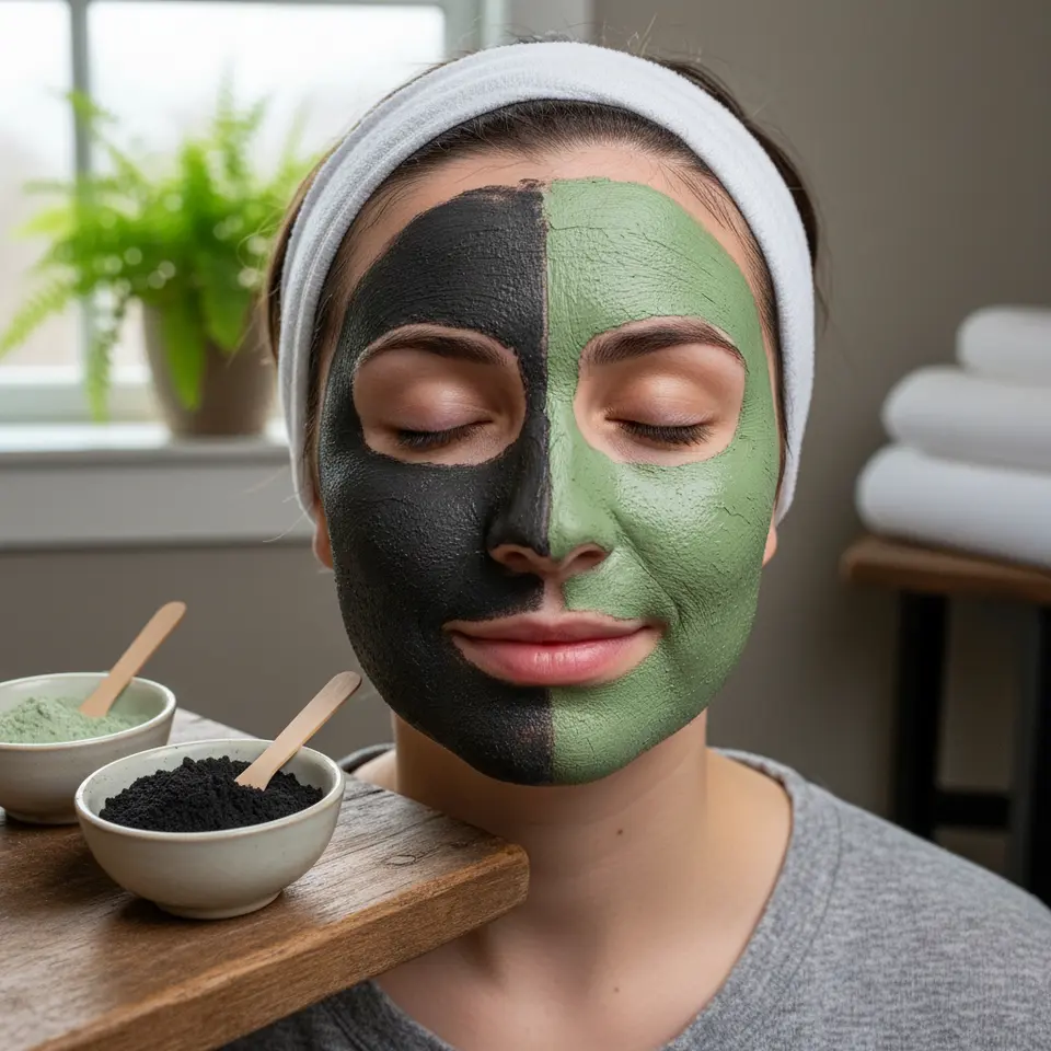 Clay and Charcoal Masks: A close-up of a person’s face half-covered in green bentonite clay and half in gray activated charcoal, with small powder bowls of clay and charcoal beside them, illustrating how negatively charged particles draw out impurities during a pore-cleansing treatment.