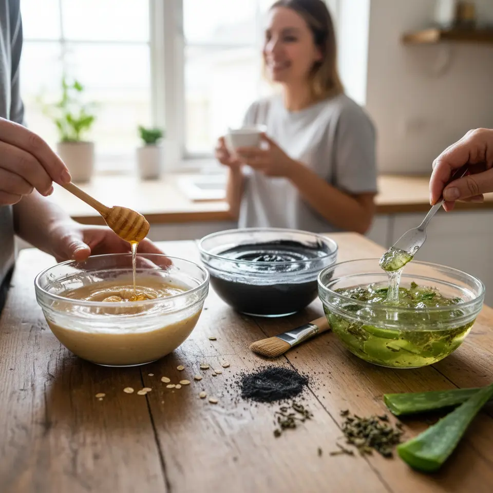 DIY Mask Recipes Trio: Three distinct glass bowls on a wooden surface—one with a honey-and-oatmeal paste (with oats and a honey drizzle), one with a charcoal-and-bentonite clay detox mask (with powdered clay and charcoal granules), and one with an aloe-and-green-tea gel (with fresh aloe leaves and tea leaves)—showcasing easy homemade face mask preparations.