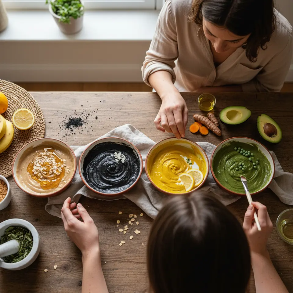 Overhead tableau of four DIY face mask bowls—each showcasing a different texture and color: a creamy honey & oat blend with golden honey drizzles and oat flakes, a smooth black charcoal & kaolin clay paste with bits of charcoal powder, a vibrant yellow turmeric & yogurt mask surrounded by fresh turmeric and lemon slices, and a rich green avocado & peptide mixture accented by avocado halves and jojoba oil drops.