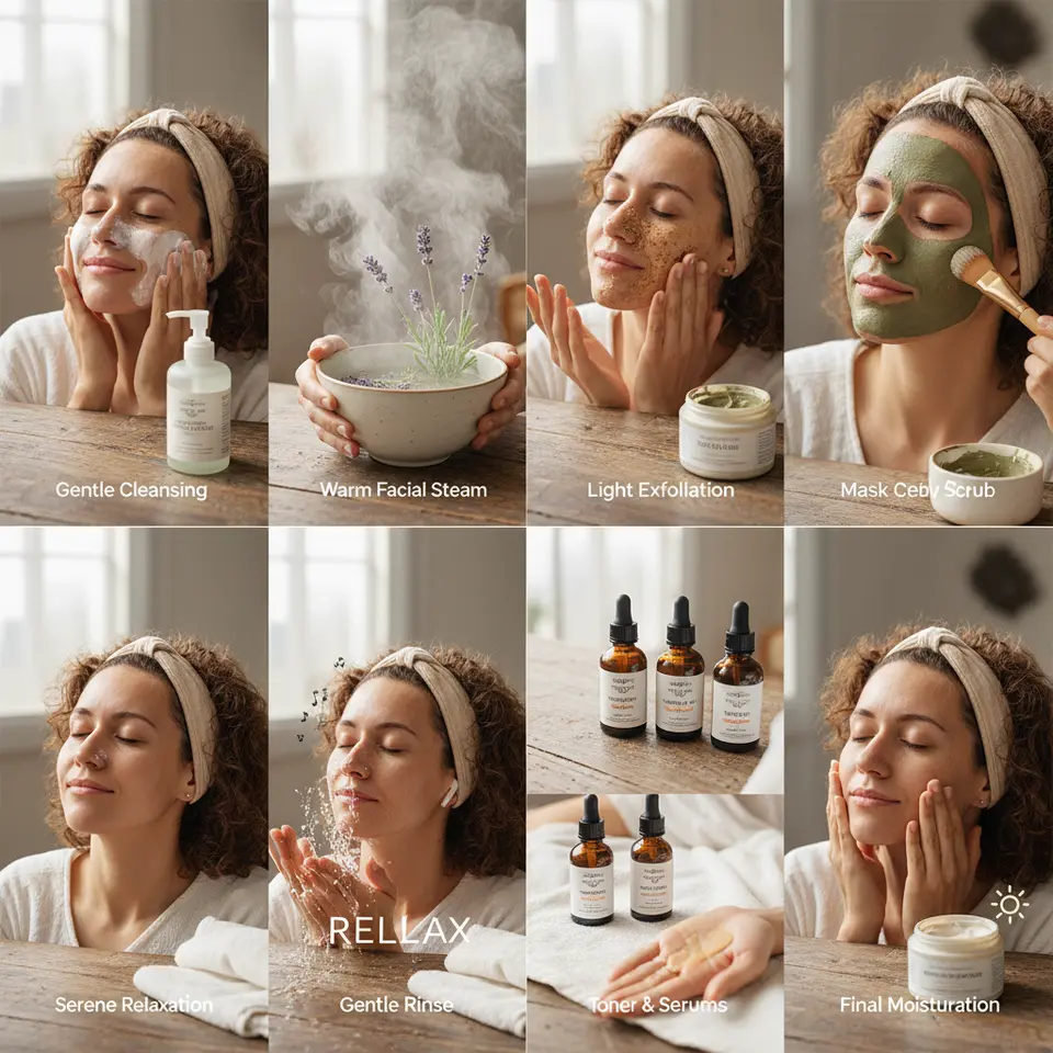Multi‐panel infographic illustrating an 8-step face mask ritual: (1) gentle cleansing with foam, (2) warm facial steam cascading from a bowl, (3) light exfoliation with tiny jojoba beads, (4) brush‐on mask application on a model’s face, (5) serene relaxation pose with closed eyes and soft music icons, (6) gentle rinse using lukewarm water, (7) layering of toner and serums depicted by dropping bottles, and (8) final moisturization with cream jar and a sun icon for SPF protection.