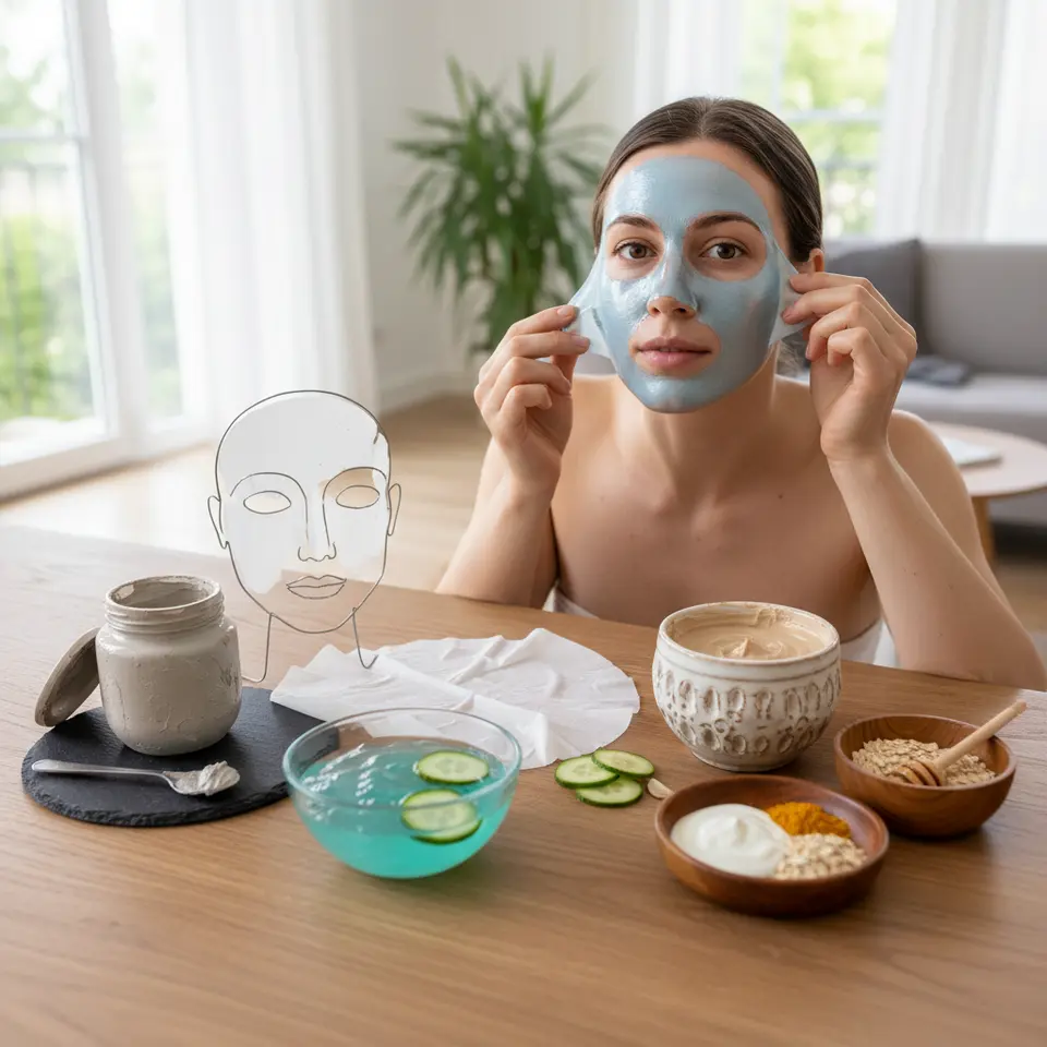 A detailed lineup of six distinct face mask types displayed on a clean, neutral background: a smooth gray clay mask in an open jar with a small amount smeared on a slate spoon; a folded white sheet mask draped over a minimalist face outline; a translucent aqua gel mask in a clear bowl with cucumber slices; a half-peeled glossy film peel-off mask lifted by fingers; a rich beige cream/mud mask in a decorative pot; and a small wooden bowl holding DIY ingredients like honey, yogurt, turmeric powder, and oats.