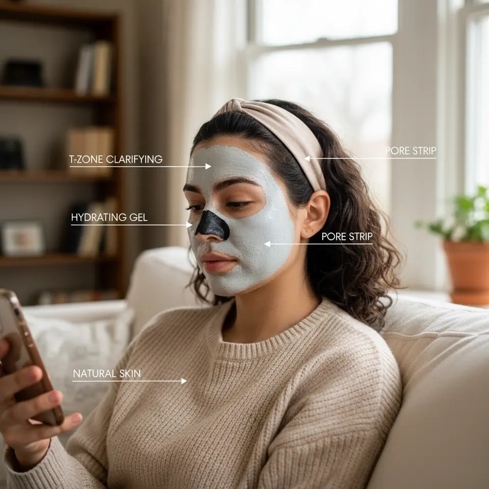 An illustrative multi-masking application on a single female face: the T-zone (forehead, nose, chin) covered in a light gray clay mask texture, the cheeks coated with a pale blue hydrating gel mask, small charcoal nose strip across the bridge, and the jawline left bare; each zone labeled with arrows indicating its specific treatment purpose.