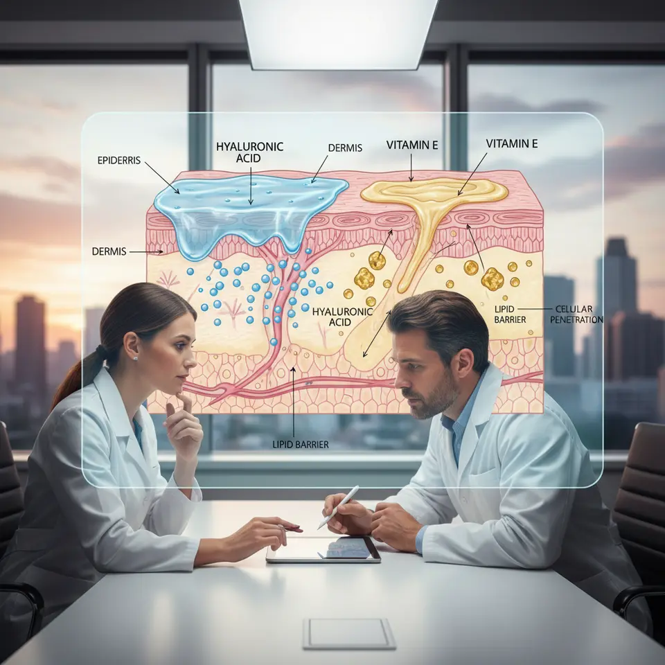 Cross-sectional scientific illustration of facial skin showing different mask delivery systems: a hydrophilic gel mask releasing tiny hyaluronic acid molecules into the epidermis, alongside an oil-based paste depositing lipid-soluble vitamin E, with arrows indicating deep penetration through skin layers.