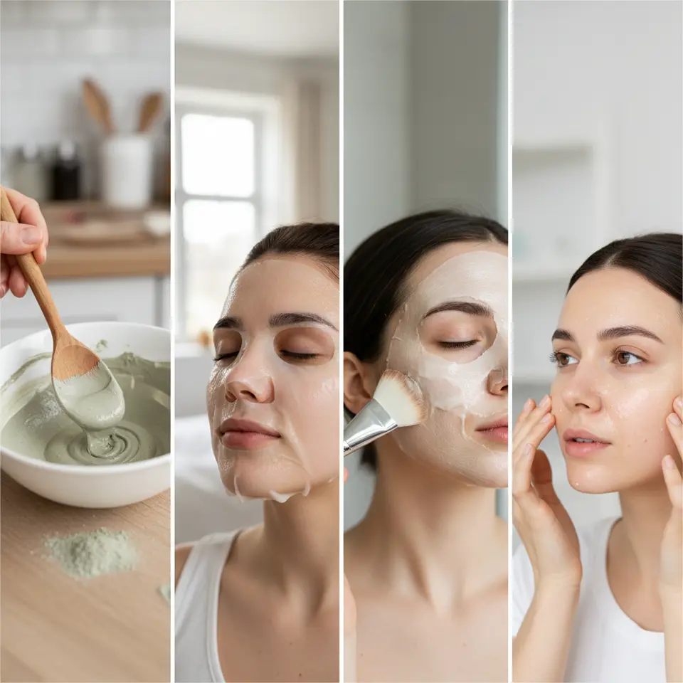 Comparative layout of four popular face mask types: a bowl of clay mask powder mixed into paste, a model wearing a pre-soaked bio-cellulose sheet mask, a creamy emollient mask being applied with a brush, and an exfoliating AHA/BHA mask dissolving dead skin cells.