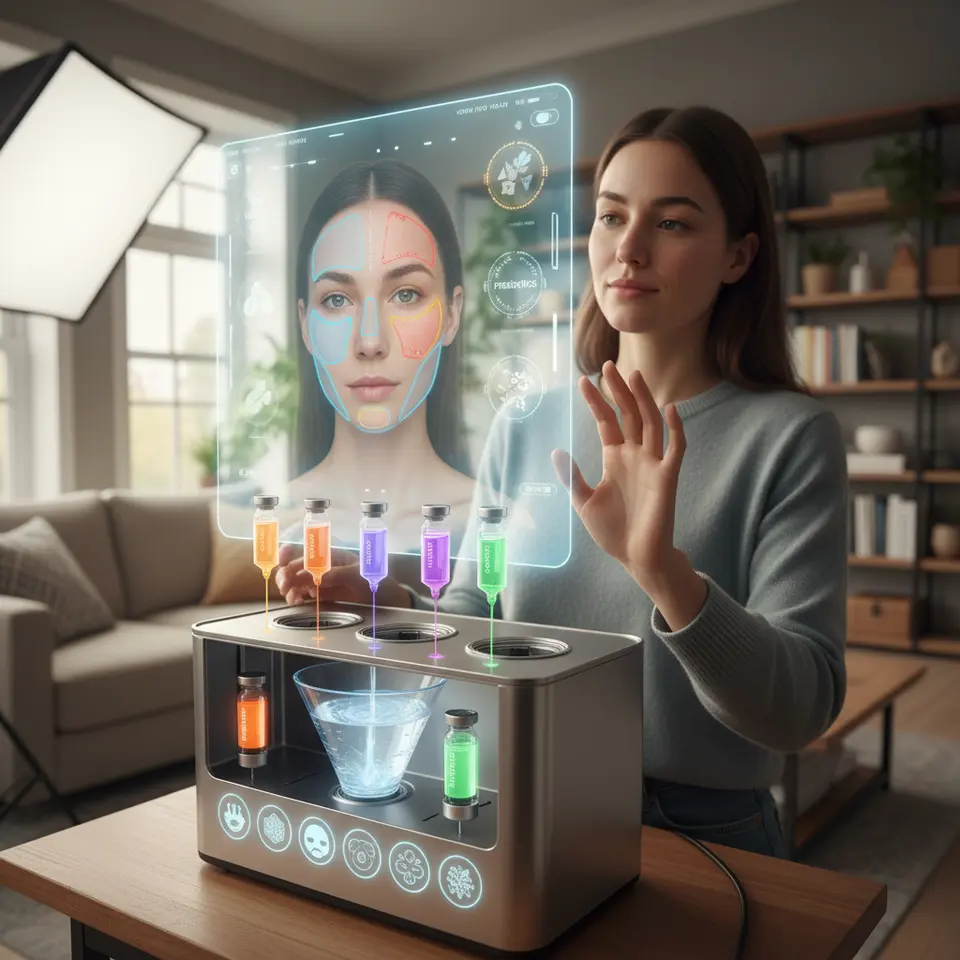 Personalized AI-Driven Mask Experience: A futuristic scene showing a user standing at an on-demand mixing station or holding a sleek at-home device, while an AR interface overlays their selfie on a screen. The interface highlights skin concerns (hydration, sensitivity, pigmentation) and dynamically dispenses concentrated boosters (vitamin C, peptides, probiotics) into a clear base serum, illustrating real-time customization and virtual try-on masks.