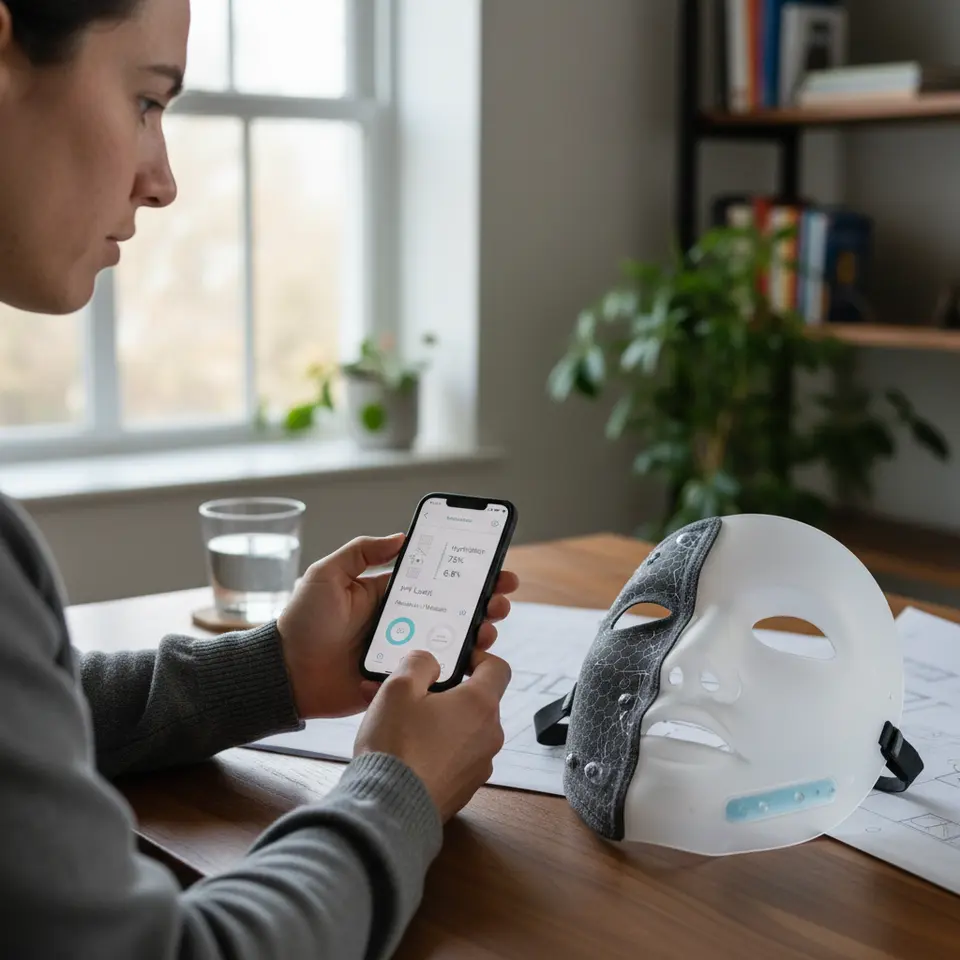 Smart Textile and 3D-Printed Precision Mask: A close-up of a high-tech face mask made from conductive smart textiles with visible microcapsules embedded in the fibers, alongside a custom 3D-printed silicone mask shell. Show tiny sensor chips on the fabric, infusion chambers aligned to facial contours, and a companion smartphone displaying hydration and pH data—emphasizing adaptive release and precision fit.