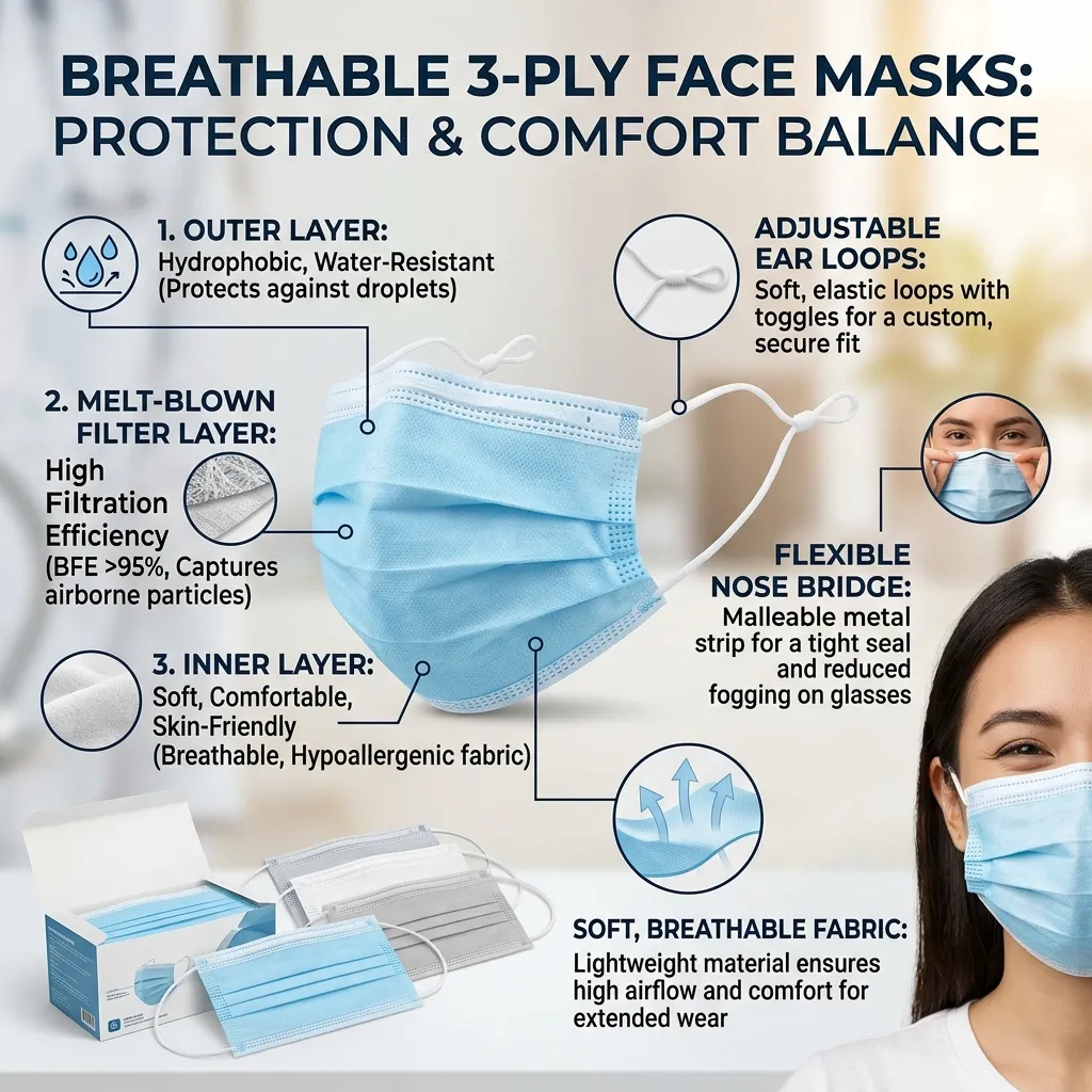 Breathable 3 Ply Face Masks Balancing Protection and Comfort